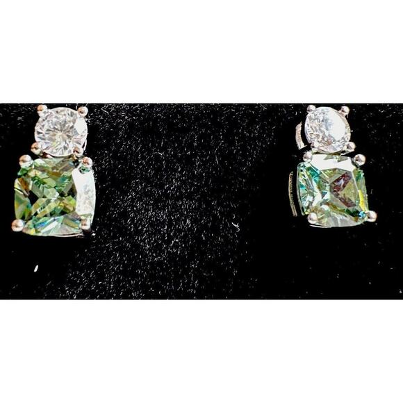 Cushion Cut 2.3ct Green Sapphire & Diamond .925 Silver Stud Earrings Lab Created - Picture 9 of 16